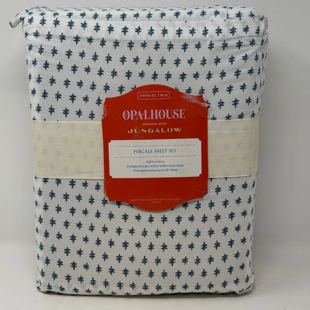 Opalhouse Jungalow Twin XL Percale Sheet Set Teal Dash White Cotton 3pc
